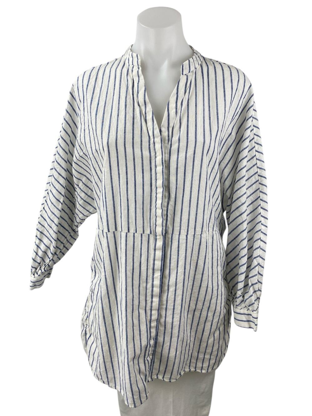ZARA White Blue Striped V Neck 3/4 Sleeve Button Down Tunic Shirt Blouse Top XS